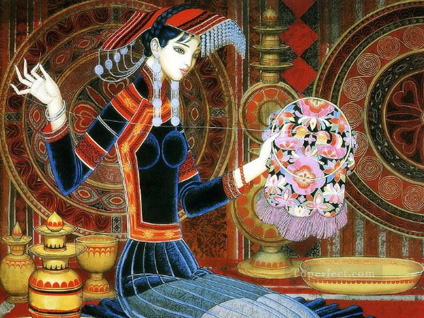 Wang Cunde girl is sewing traditional China Oil Paintings